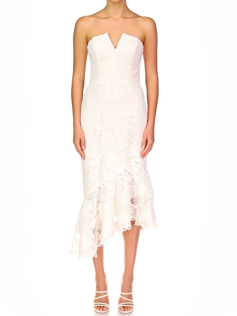Theia White Strapless Lace Ivory Midi Dress with Notch Sweetheart